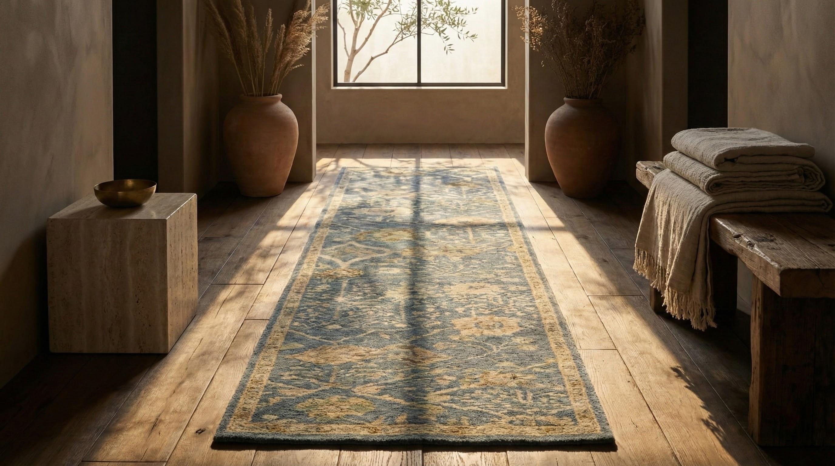 Persiano Runner in lana persiana blu annodato a mano 3 ft x 15 ft , Slate Blossom Serenity in vendita
