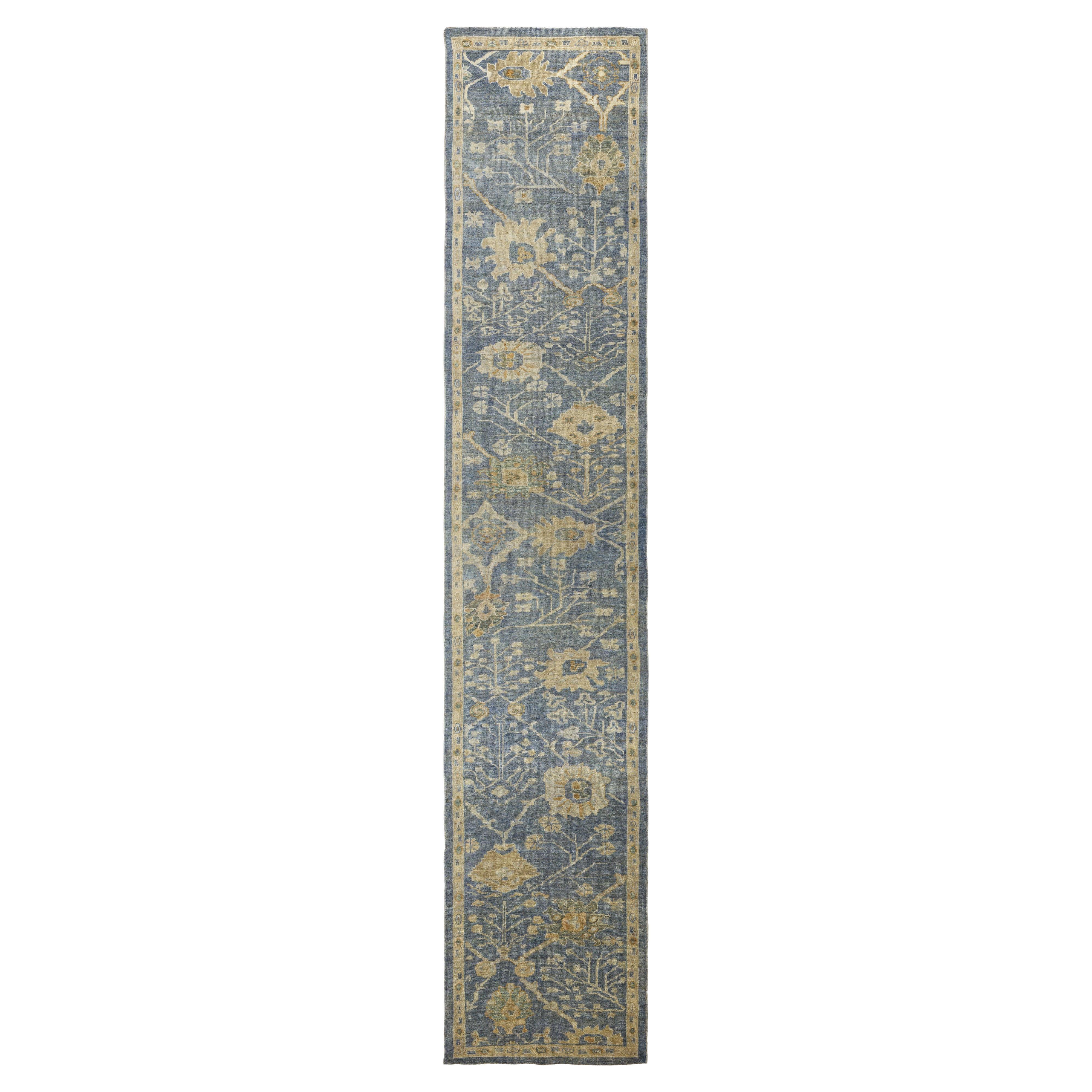 Runner in lana persiana blu annodato a mano 3 ft x 15 ft , Slate Blossom Serenity in vendita