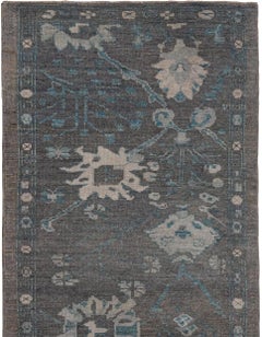 Blue Persian Wool Hand Knotted Runner 3 ft x 18 ft , Slate Floral Path