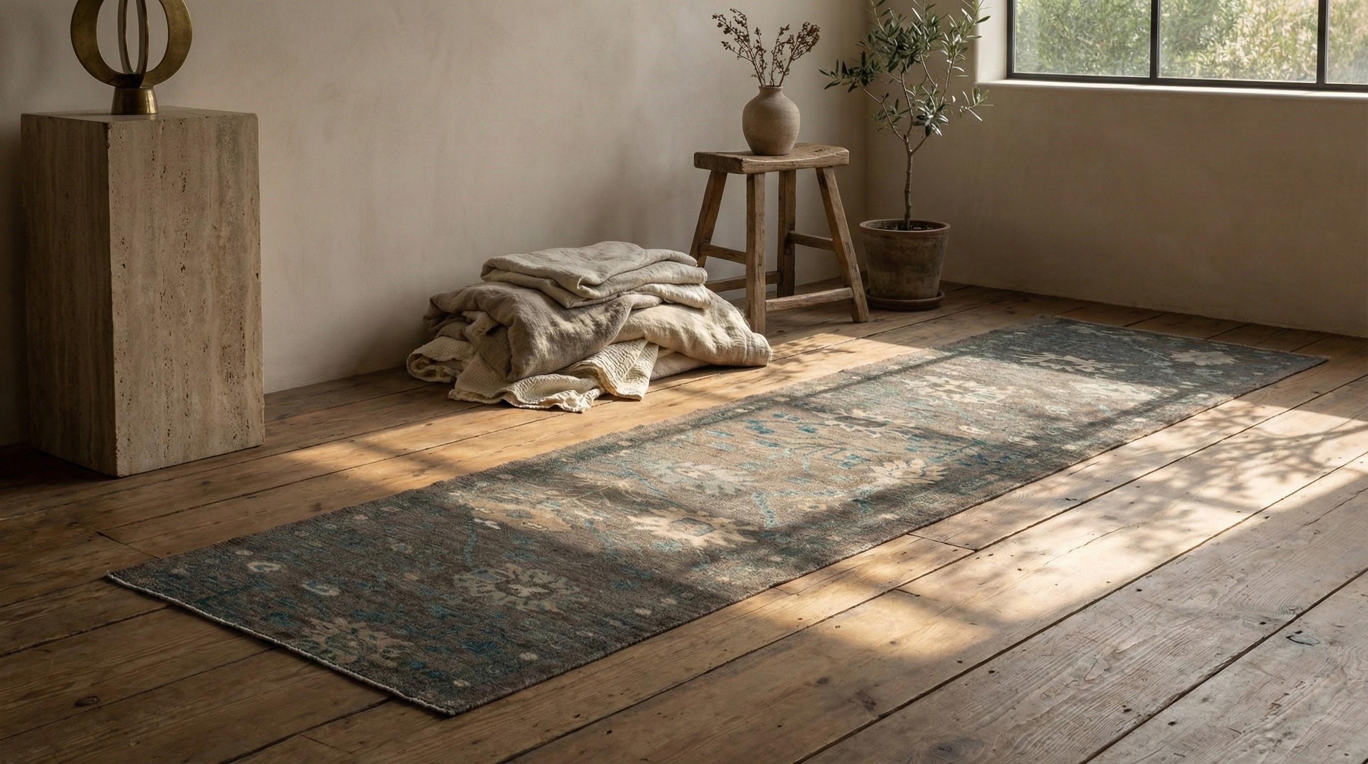 Blau Persische Wolle Hand geknüpft Läufer 3 ft x 18 ft, Schiefer Floral Path (Handgewebt) im Angebot