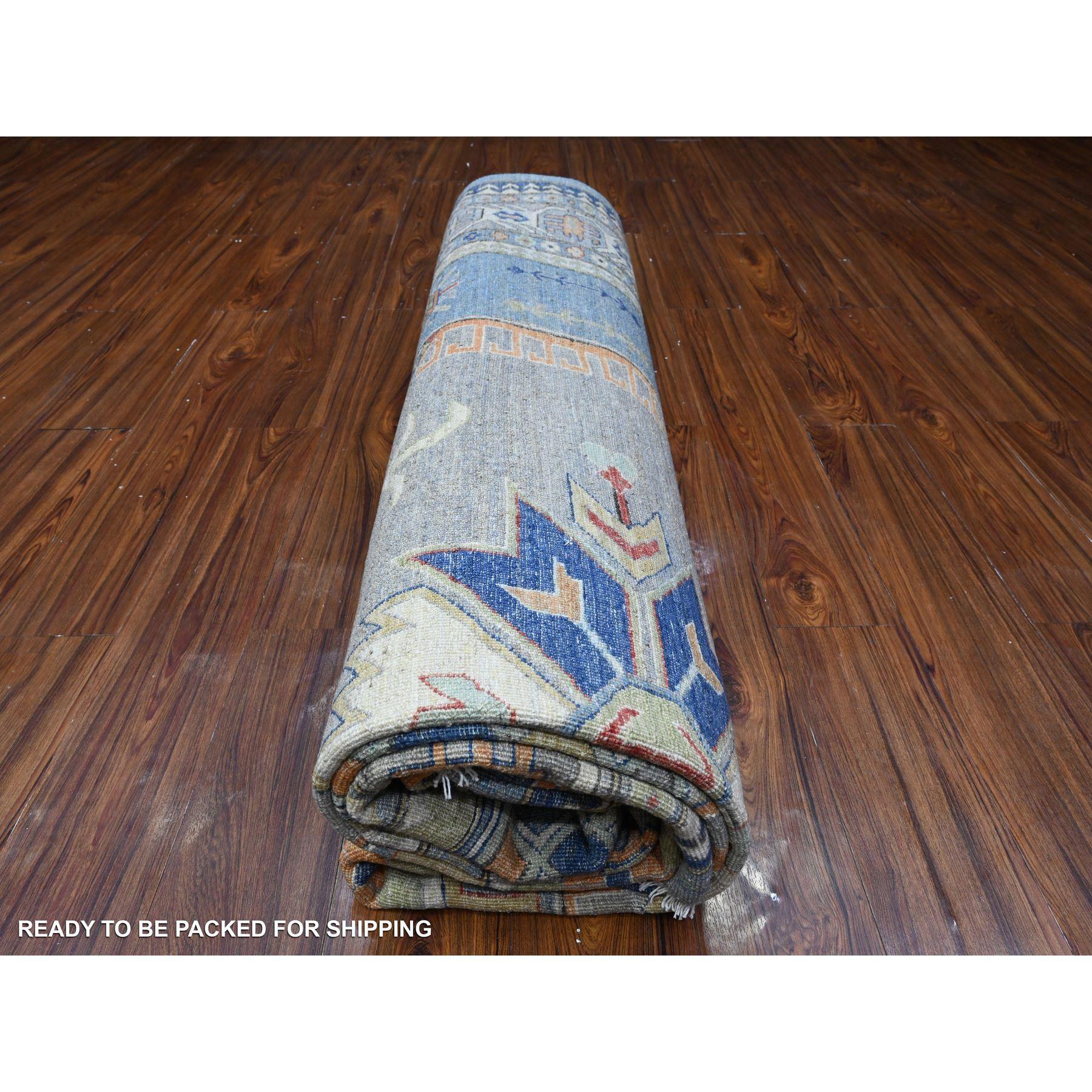 Tappeto orientale in lana lucida blu Peshawar Geometric Design annodato a mano 9'0