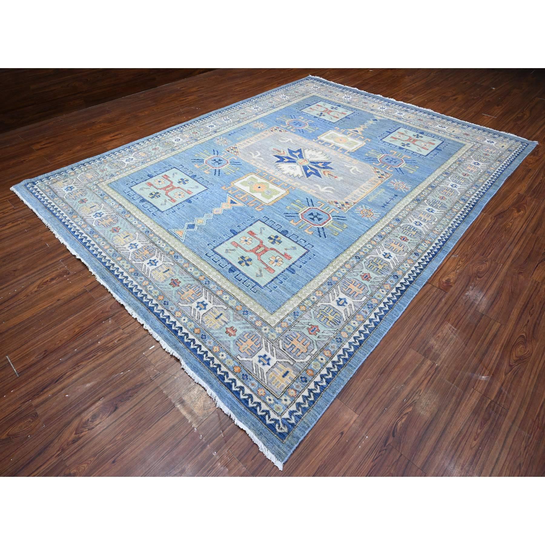 Afghano Tappeto orientale in lana lucida blu Peshawar Geometric Design annodato a mano 9'0