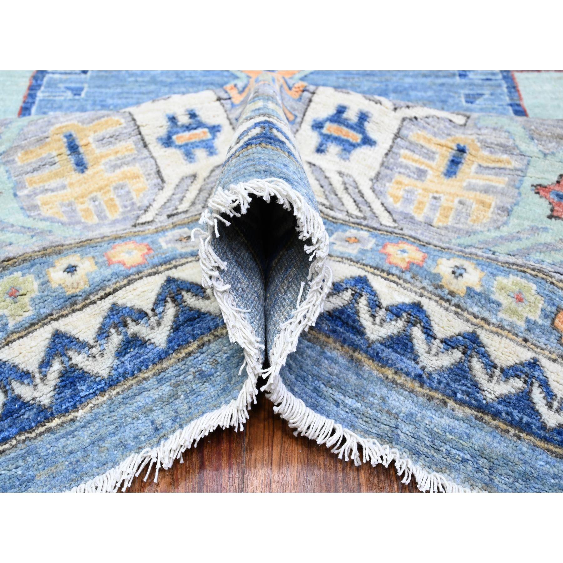 Tappeto orientale in lana lucida blu Peshawar Geometric Design annodato a mano 9'0