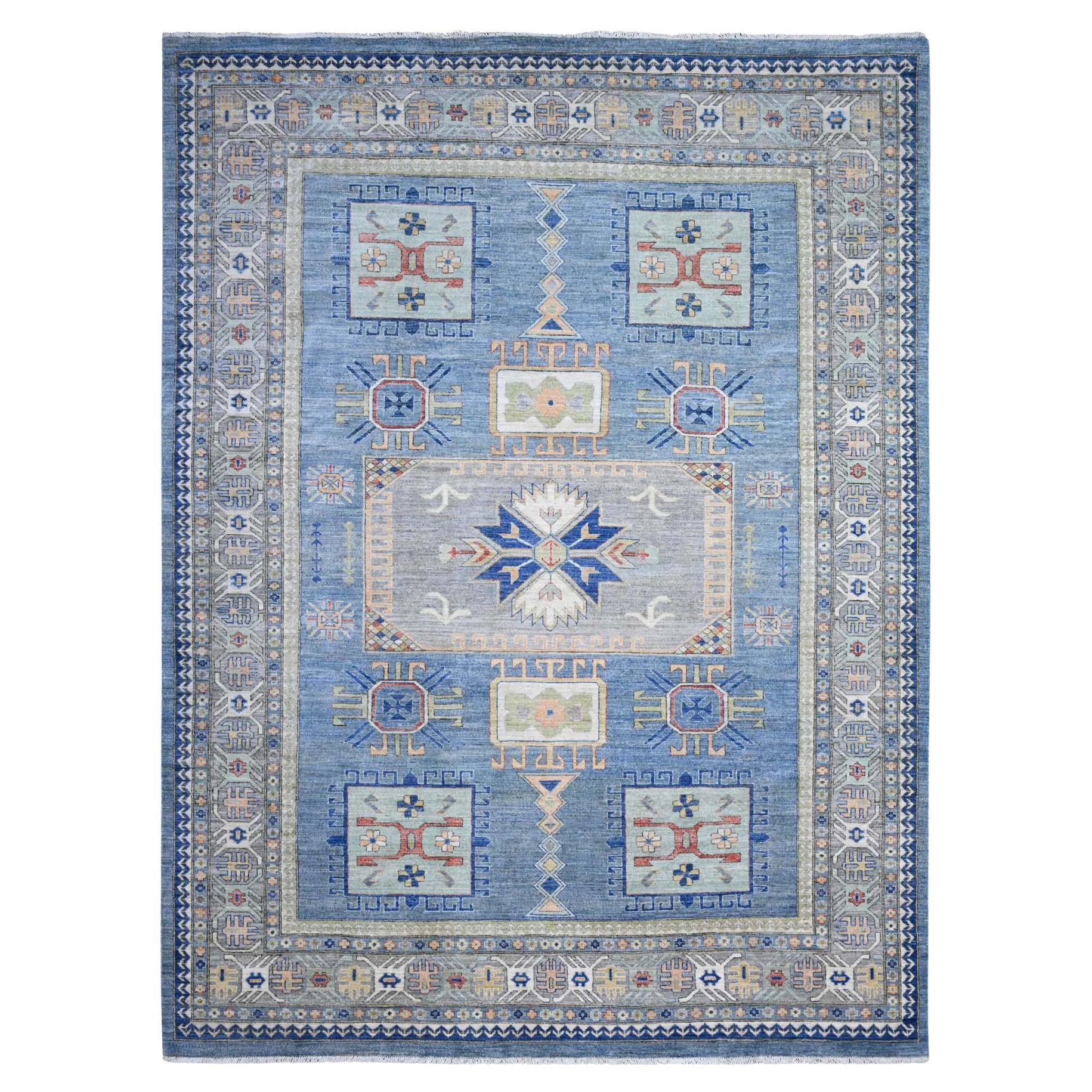 Blue Peshawar Geometric Design Hand Knotted Shiny Wool Oriental Rug 9'0" x 12'0"