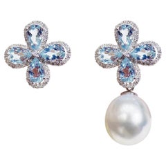 【Caelmare】Blue Petals South Sea Pearl Aquamarine Convertible Flower Pendant