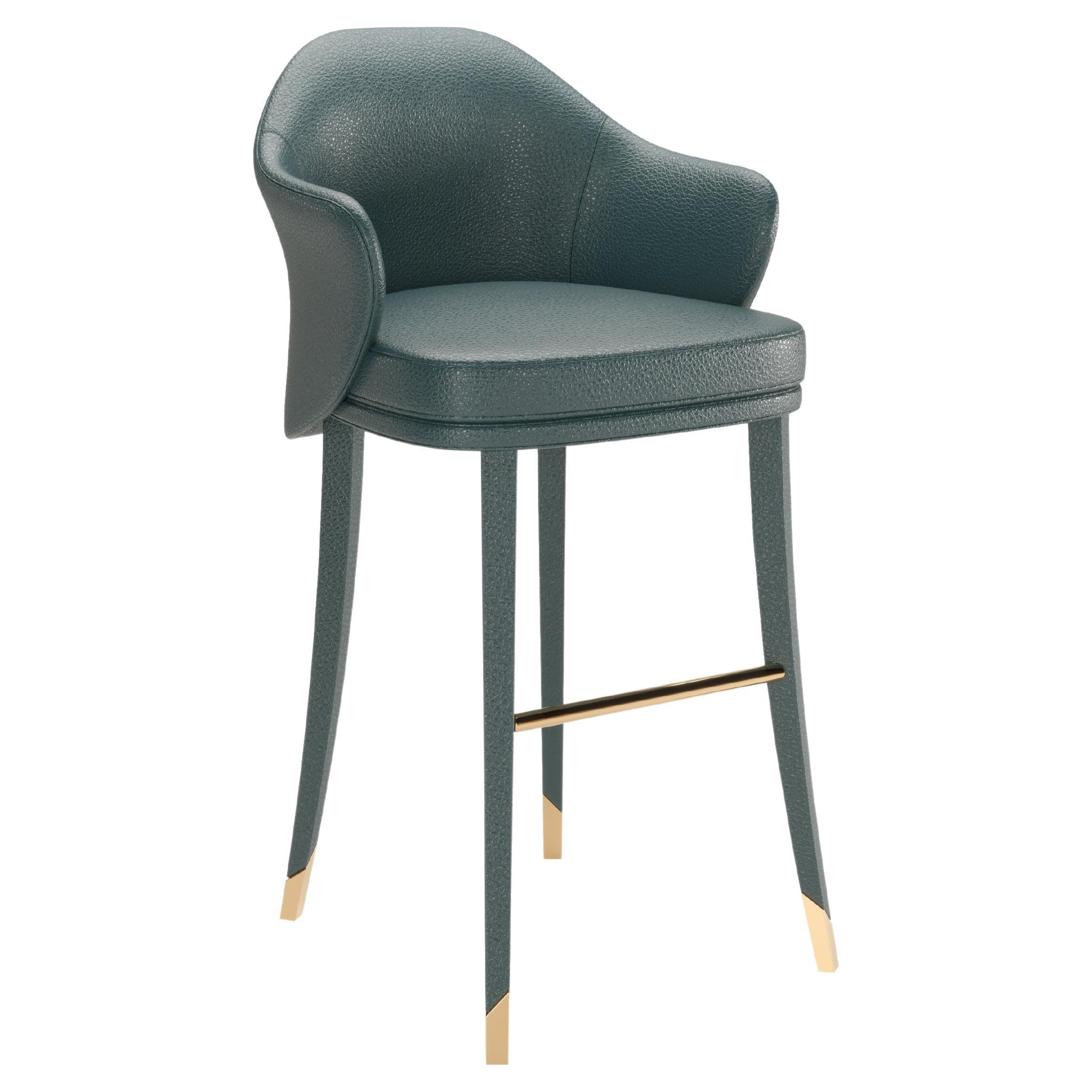 Tabouret de bar moderne du Bhoutan en cuir pétrole bleu en vente