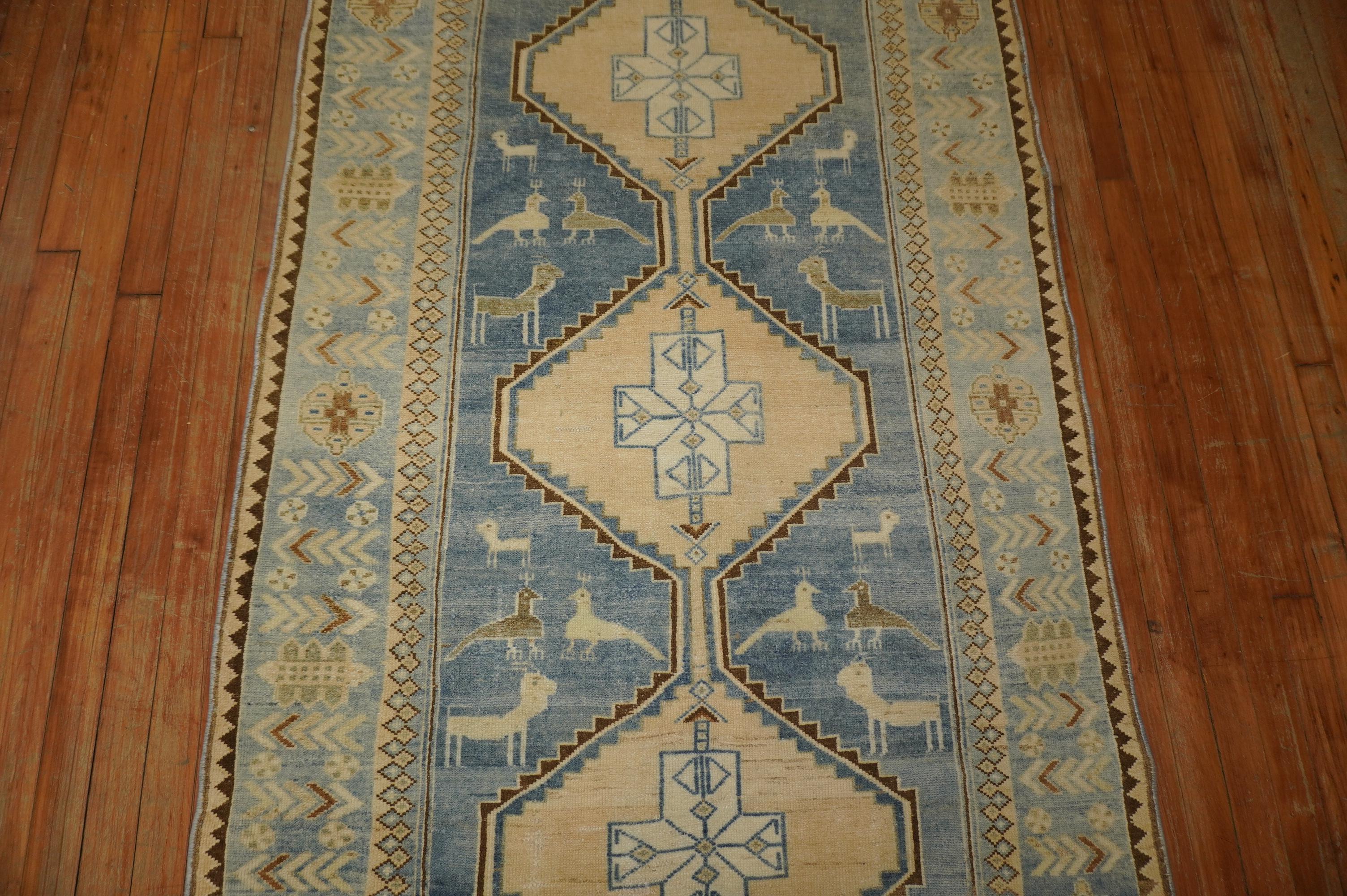Hand-Knotted Blue Pigeon Motif Persian Malayer Runner, 20th Century