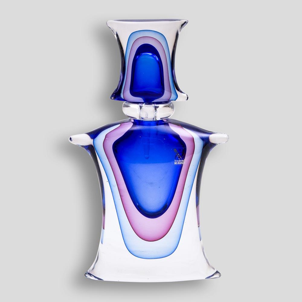 Hand blown “Sommerso” clear, blue and pink colour Perfume bottle / decorative bottle. Made in Italy, Murano by Cenedese.