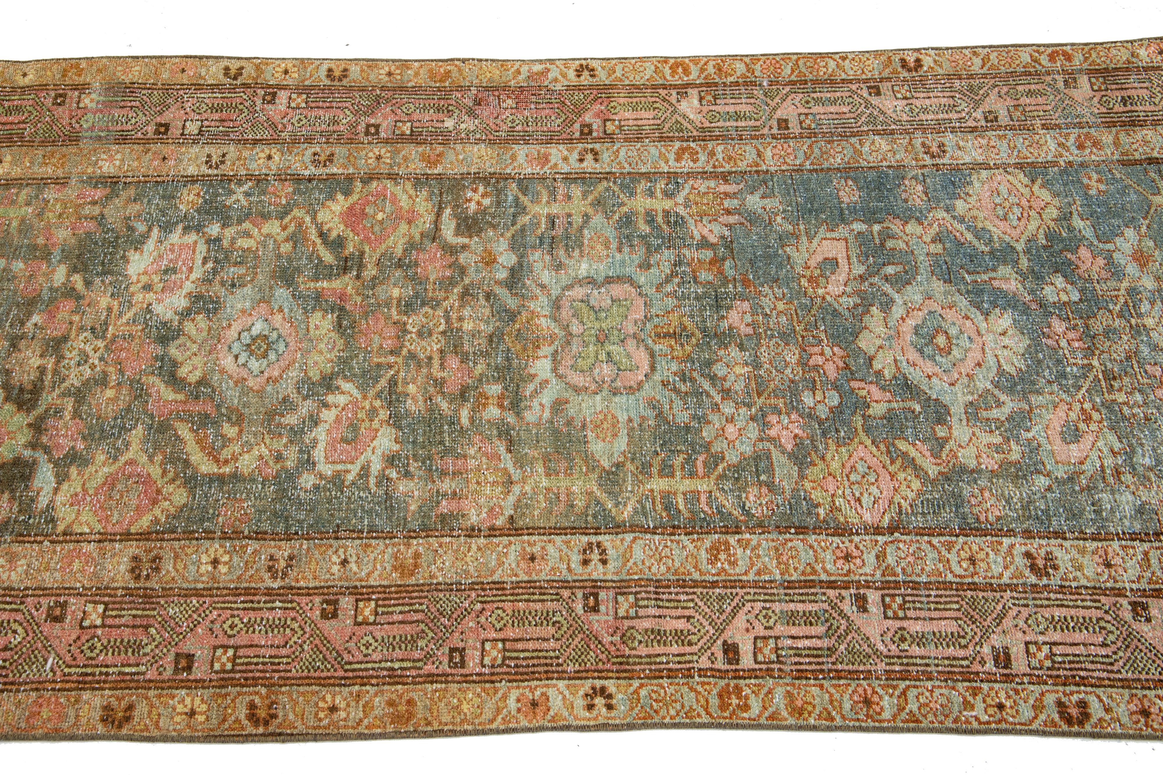 Hand-Knotted Blue & Pink Antique Lilihan Handmade Floral Designed Wool Runner For Sale