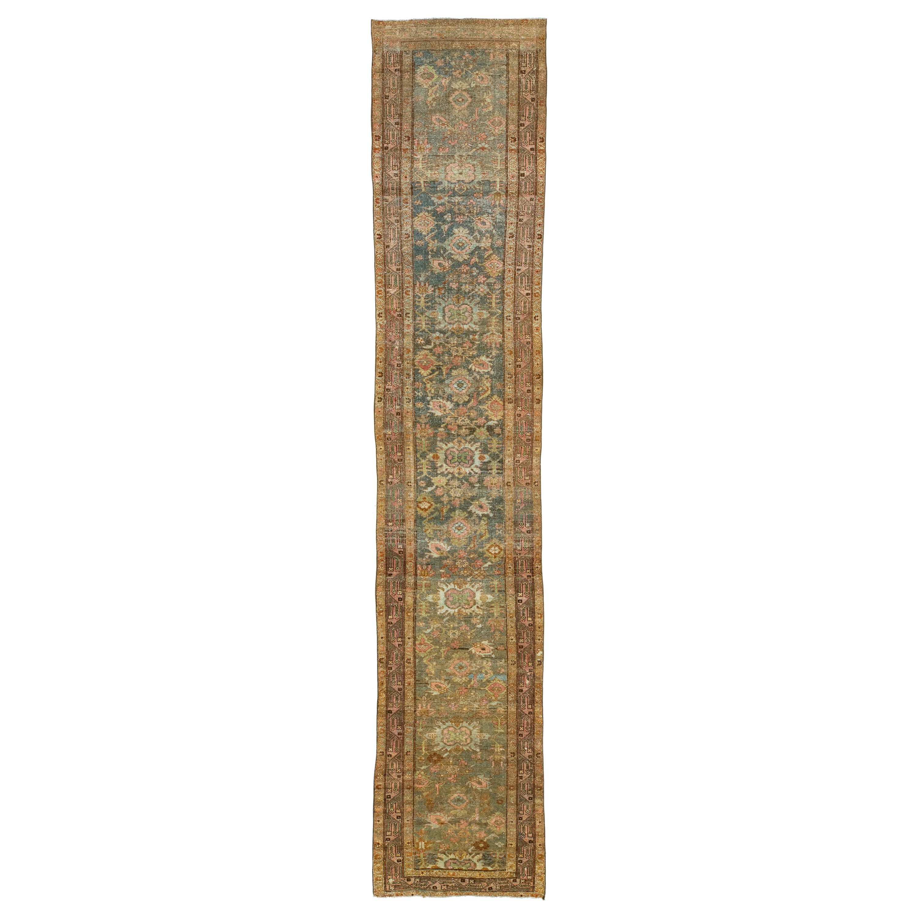 Antiker Lilihan-Läufer in Blau & Rosa, handgefertigt, floral designt, Wolle im Angebot