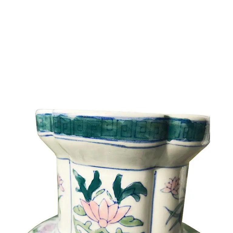 20th Century Blue Pink Ceramic Famille Rose Pastel Chinoiserie Quatrefoil Chinese Vase For Sale