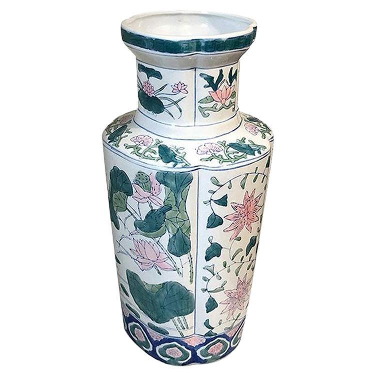 Blue Pink Ceramic Famille Rose Pastel Chinoiserie Quatrefoil Chinese Vase For Sale