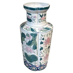 Antique Blue Pink Ceramic Famille Rose Pastel Chinoiserie Quatrefoil Chinese Vase