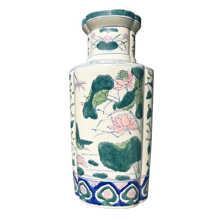 Blue pink and green ceramic porcelain famille rose quatrefoil Chinese vase. Opening is 5