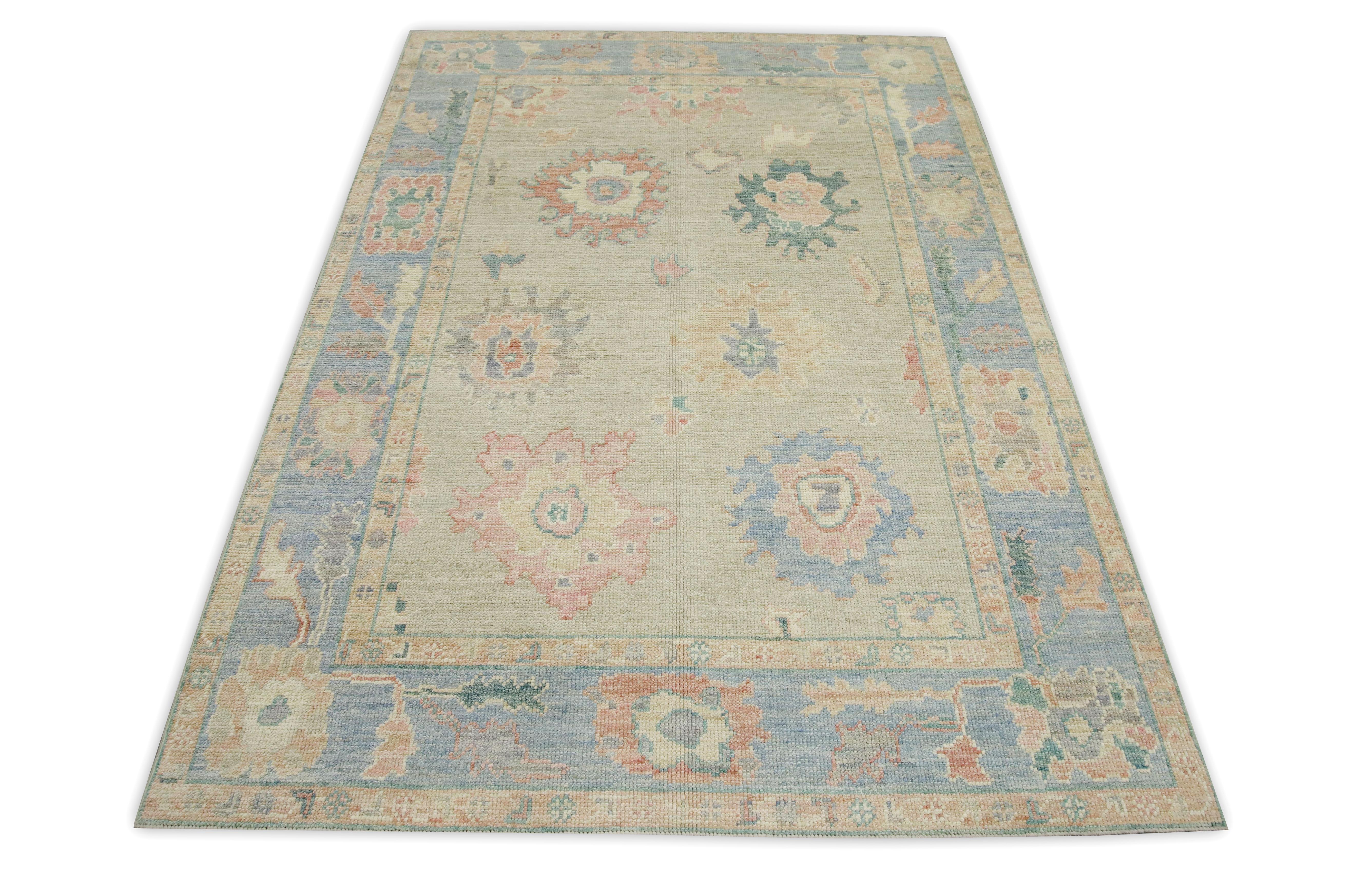 Contemporary Blue & Pink Floral Design Handwoven Wool Turkish Oushak Rug 5' x 6'11