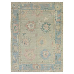 Tapis turc Oushak en laine tissée à la main à motifs floraux bleus et roses 5' x 6'11"