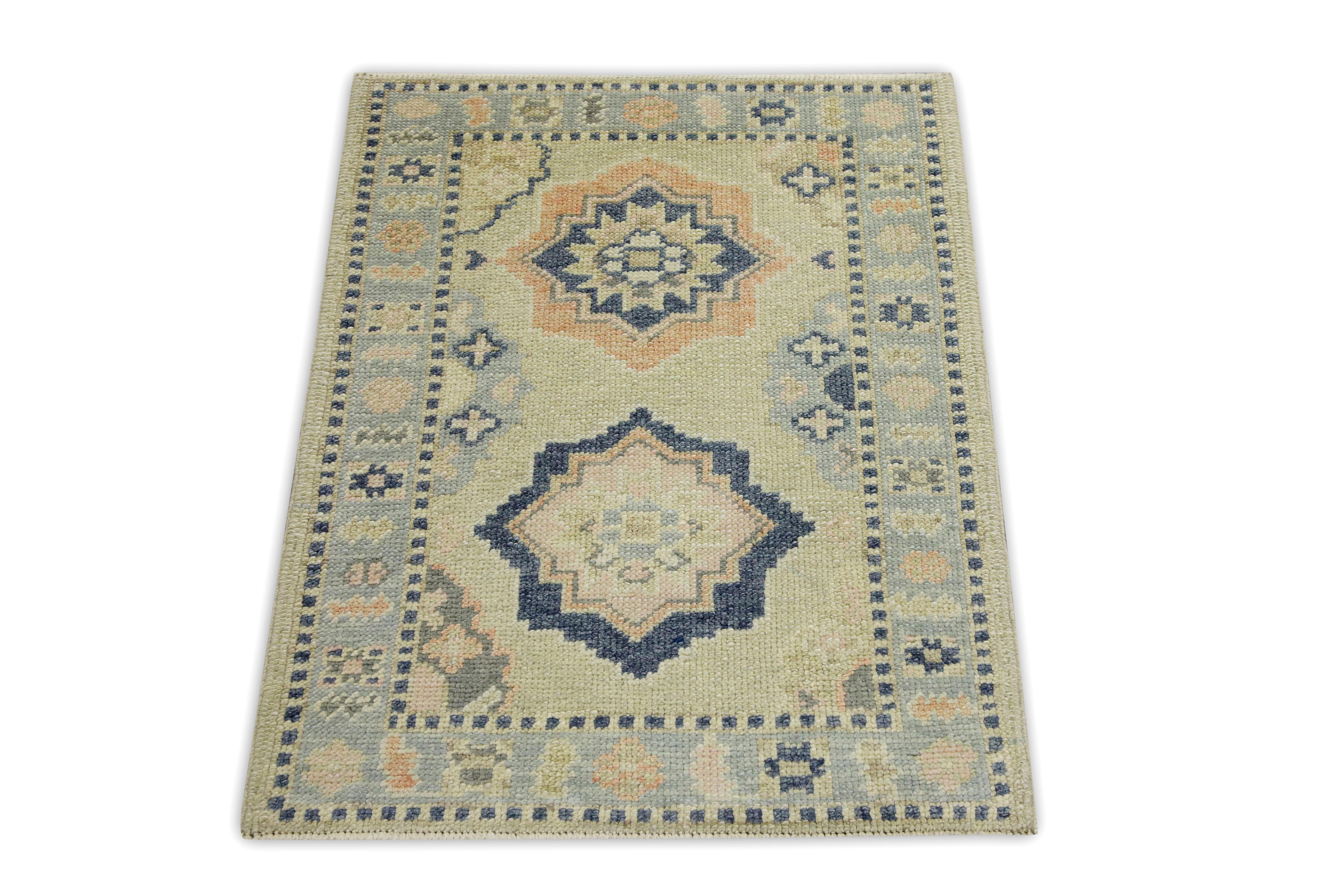 Blue & Pink Geometric Design Handwoven Wool Turkish Oushak Rug In New Condition For Sale In Houston, TX