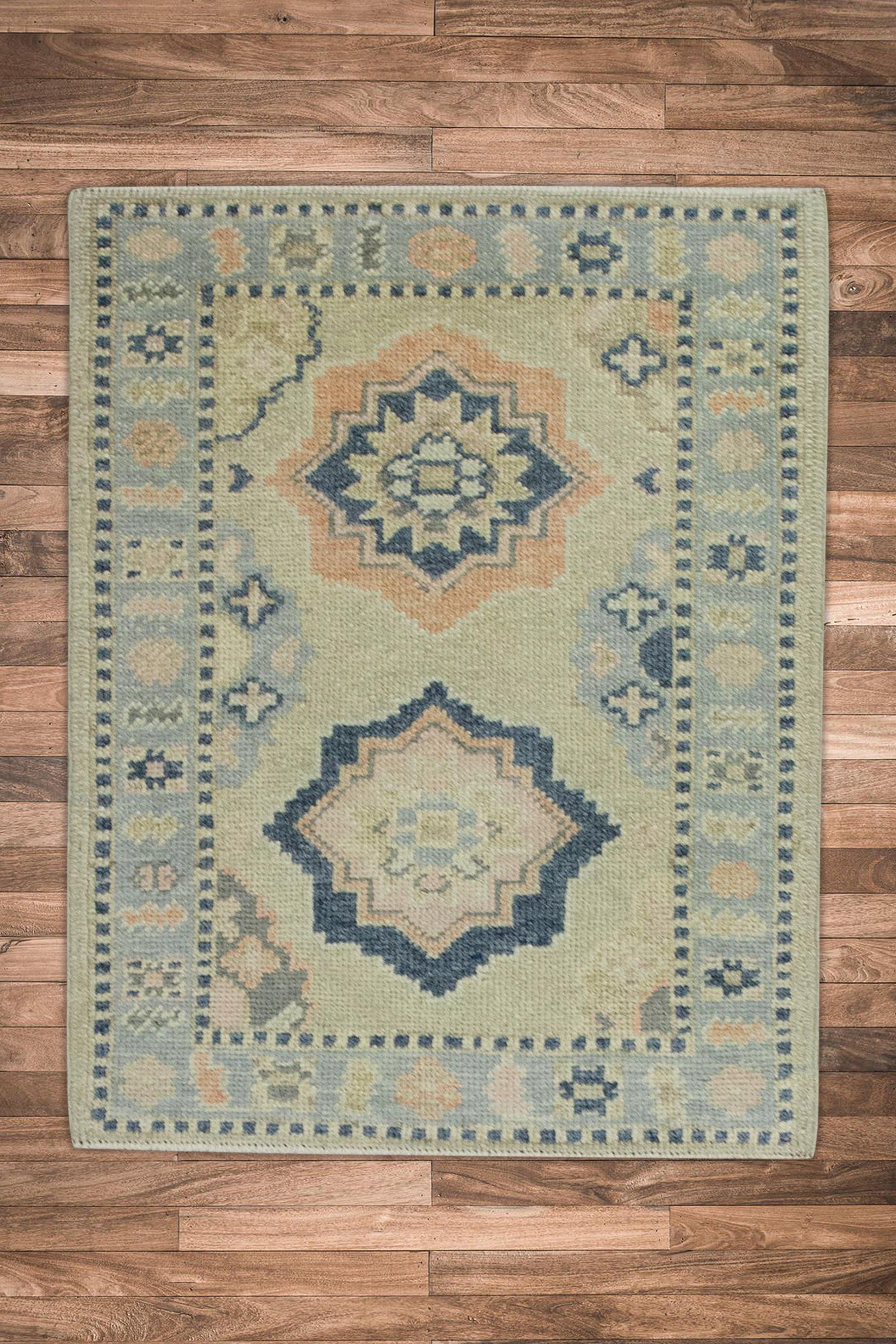 Contemporary Blue & Pink Geometric Design Handwoven Wool Turkish Oushak Rug For Sale