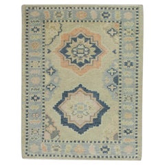Blue & Pink Geometric Design Handwoven Wool Turkish Oushak Rug
