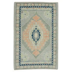Blue & Pink Geometric Design Handwoven Wool Turkish Oushak Rug