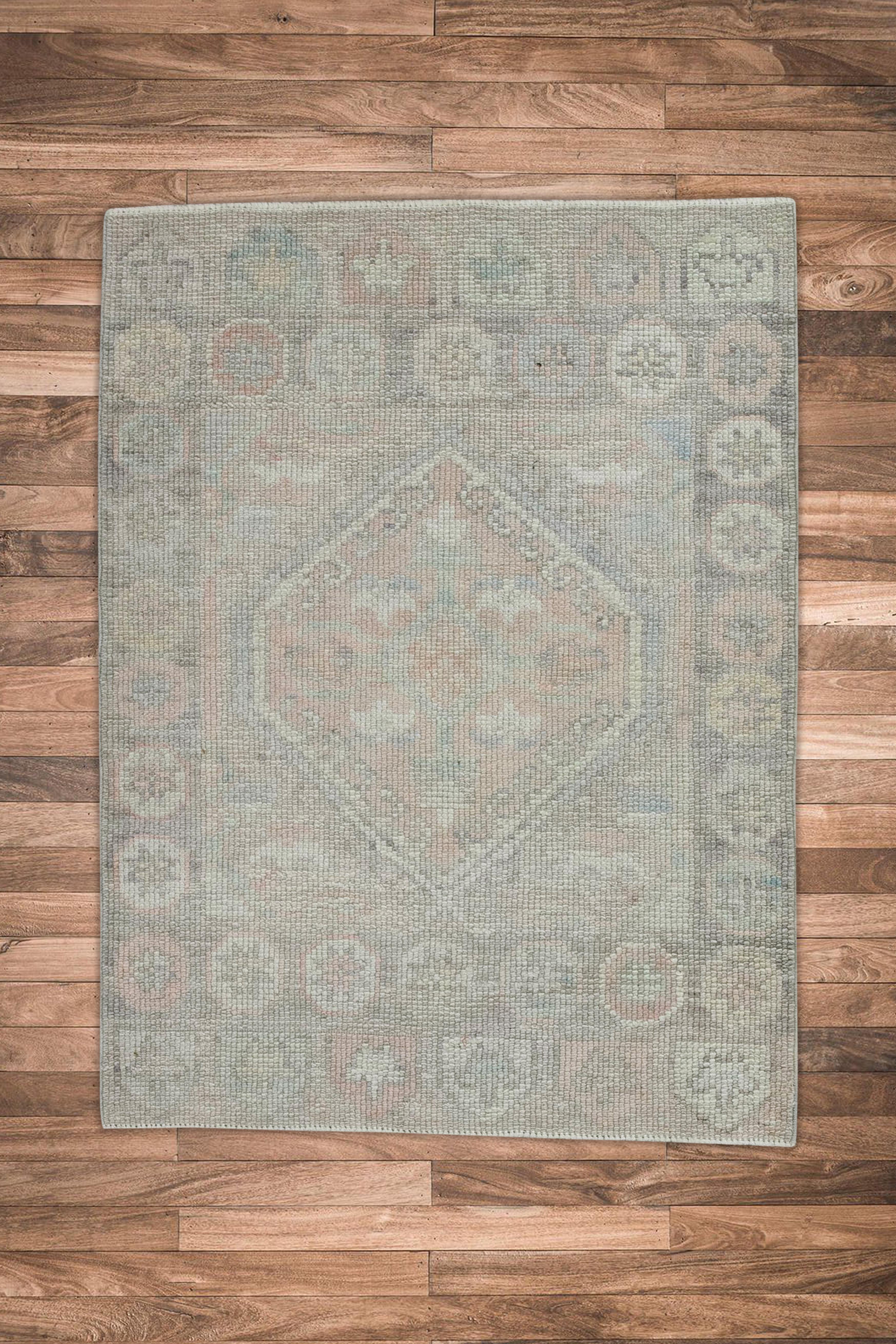 Contemporary Blue & Pink Geometric Design Handwoven Wool Turkish Oushak Rug For Sale