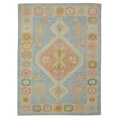 Blue 
Pink Geometric Design Handwoven Wool Turkish Oushak Rug 5
2" x 6
6"