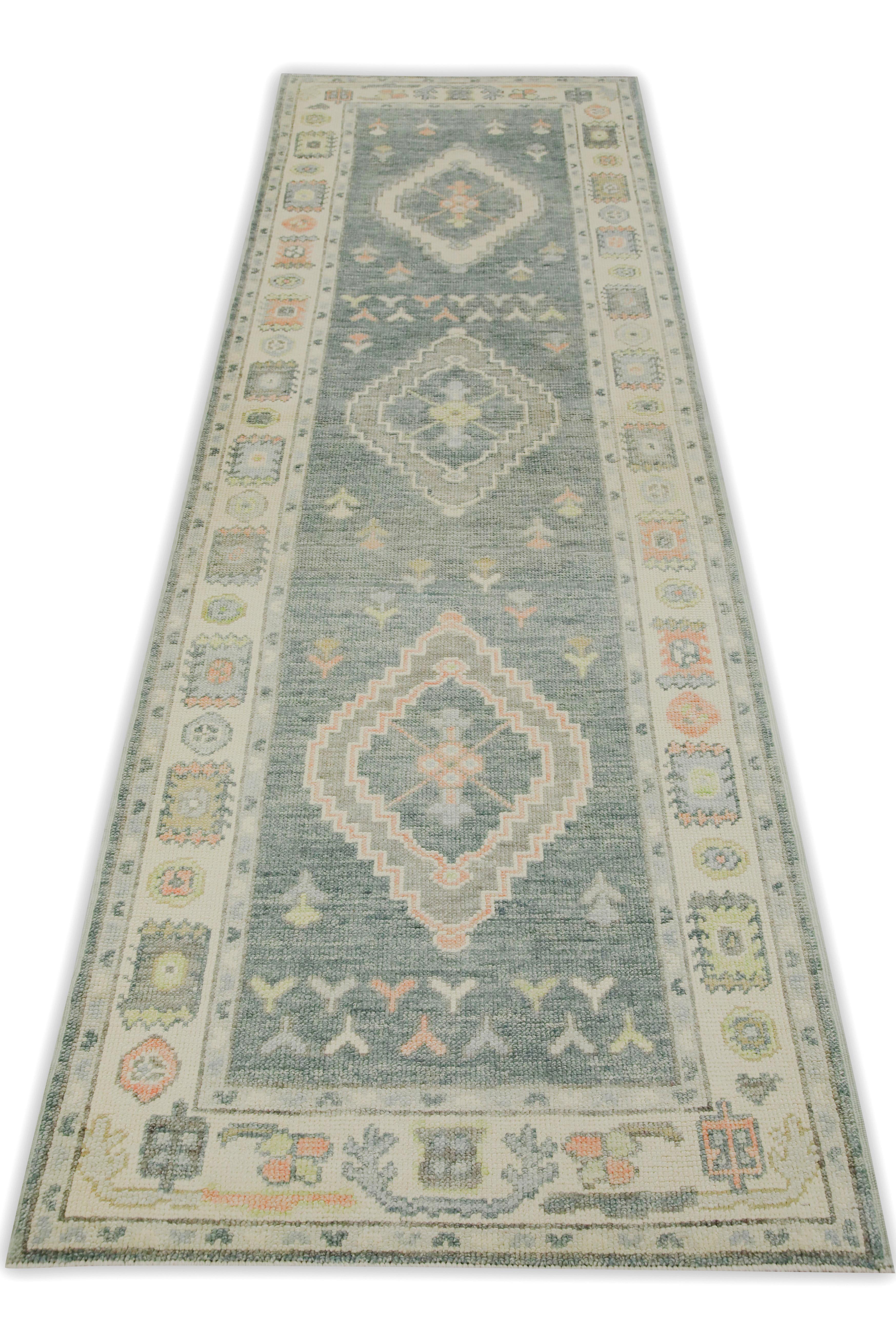 Contemporary Blue & Pink Geometric Design Handwoven Wool Turkish Oushak Runner For Sale