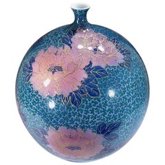 Japanese Contemporary Blue Pink Green Gold Porcelain Vase by Master Artist
