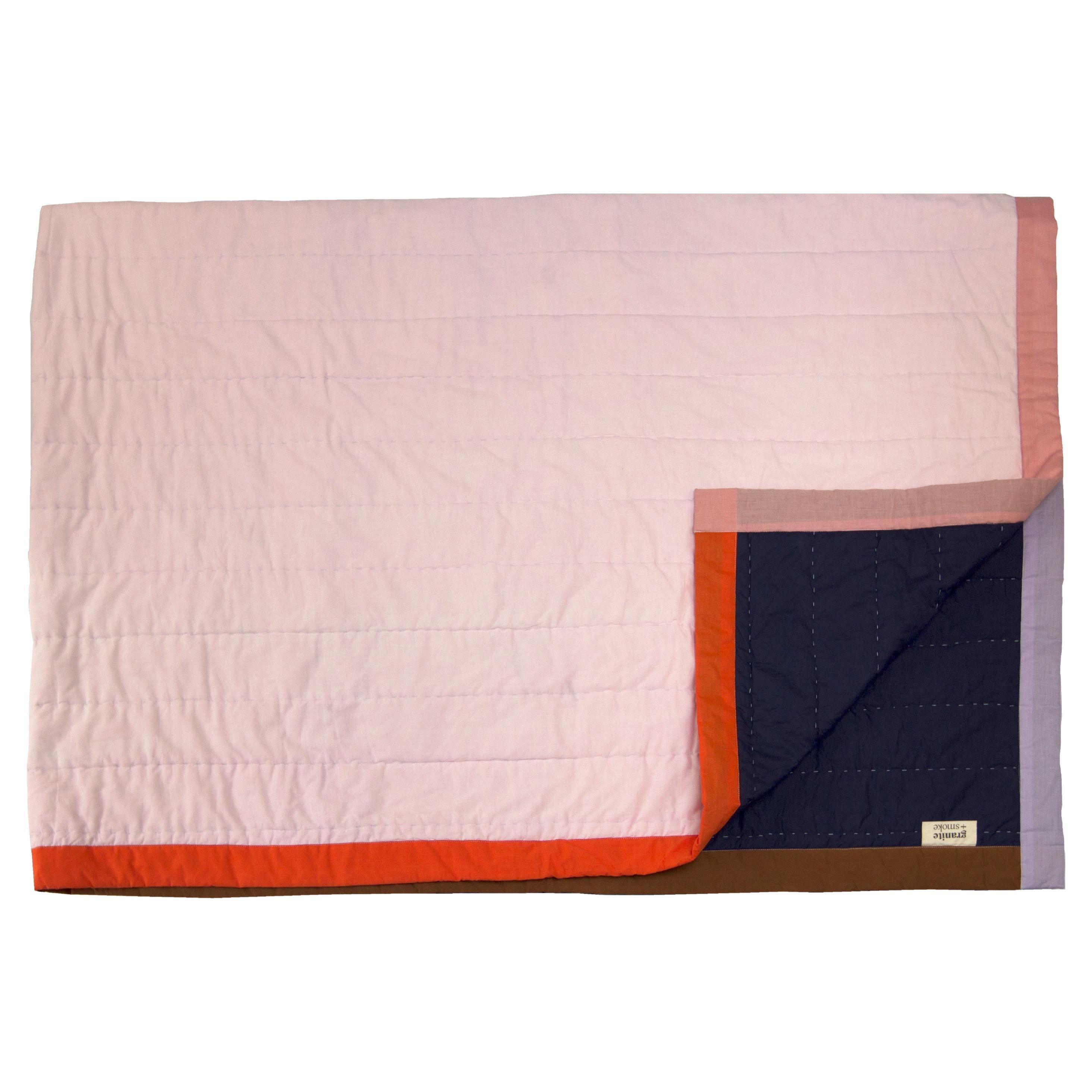 Blue & pink handmade patchwork and quilted Organic cotton large bed throw quilt