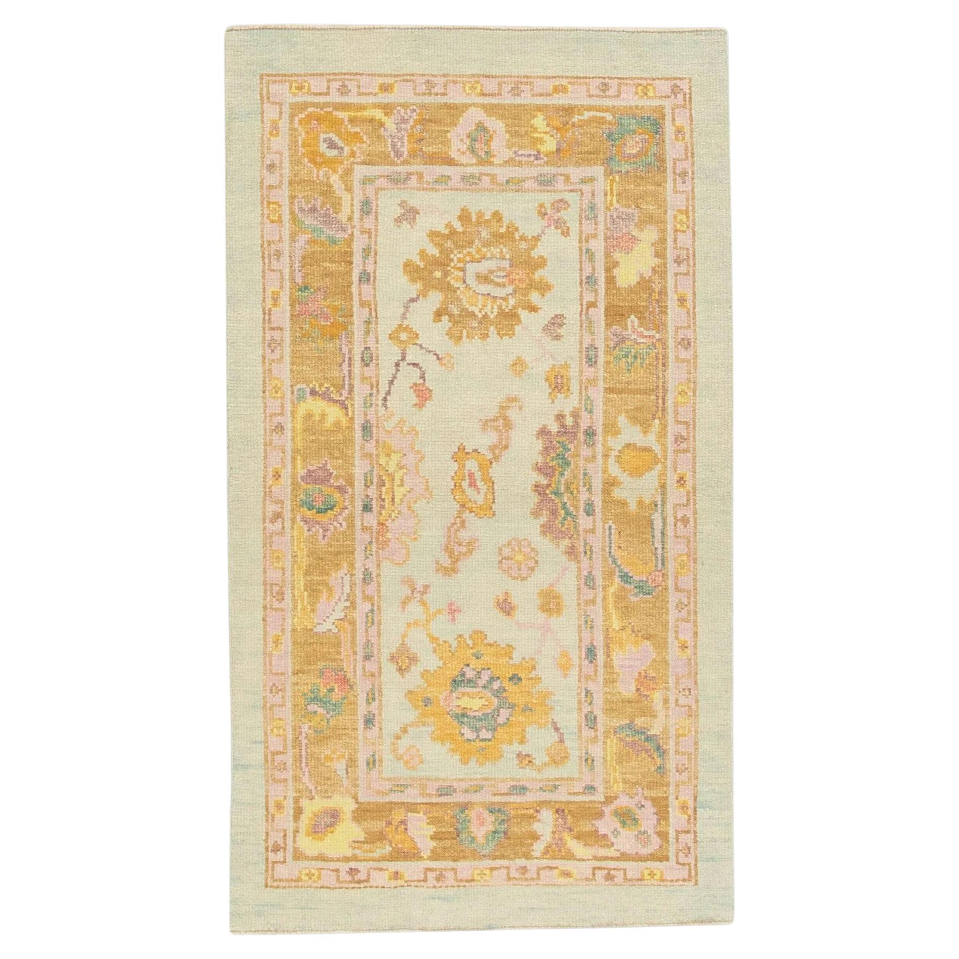 Blue & Pink Handwoven Wool Turkish Oushak Rug 2'10" x 5'1" For Sale