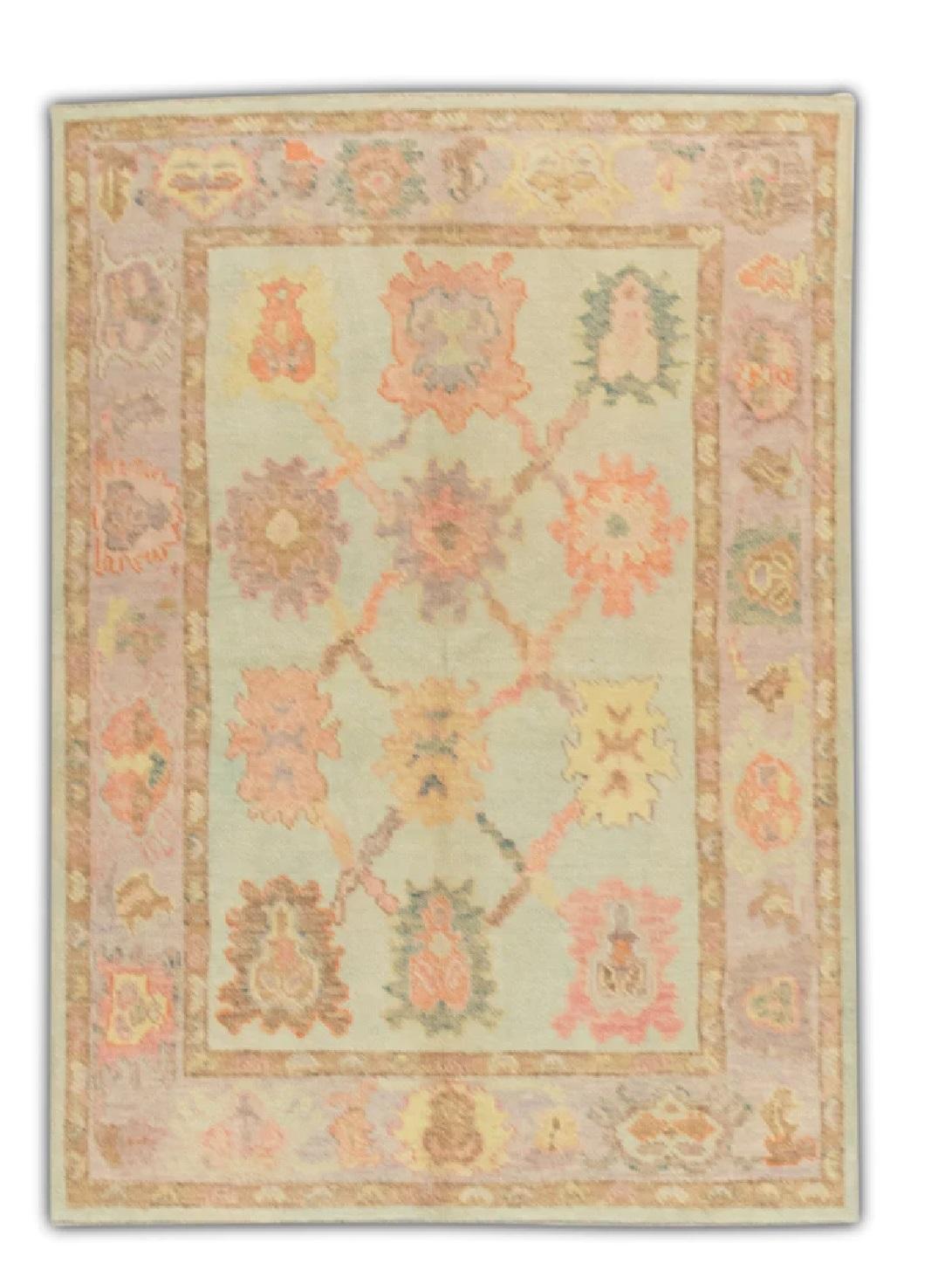 Contemporary Blue & Pink Handwoven Wool Turkish Oushak Rug 3'11