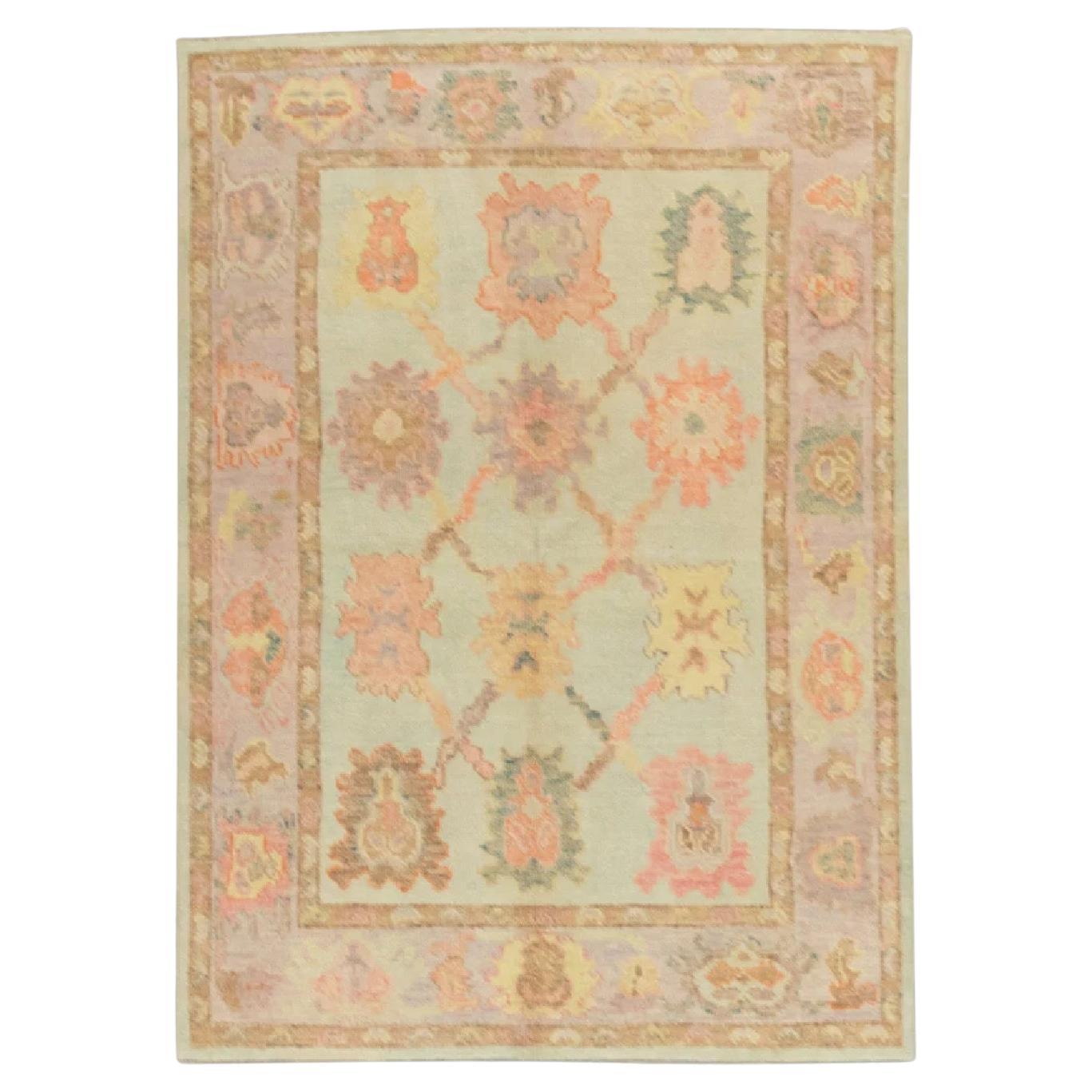 Blue & Pink Handwoven Wool Turkish Oushak Rug 3'11" x 5'5" For Sale