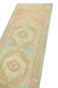 Blue & Pink Handwoven Wool Turkish Oushak Runner 3'1" x 10'1"