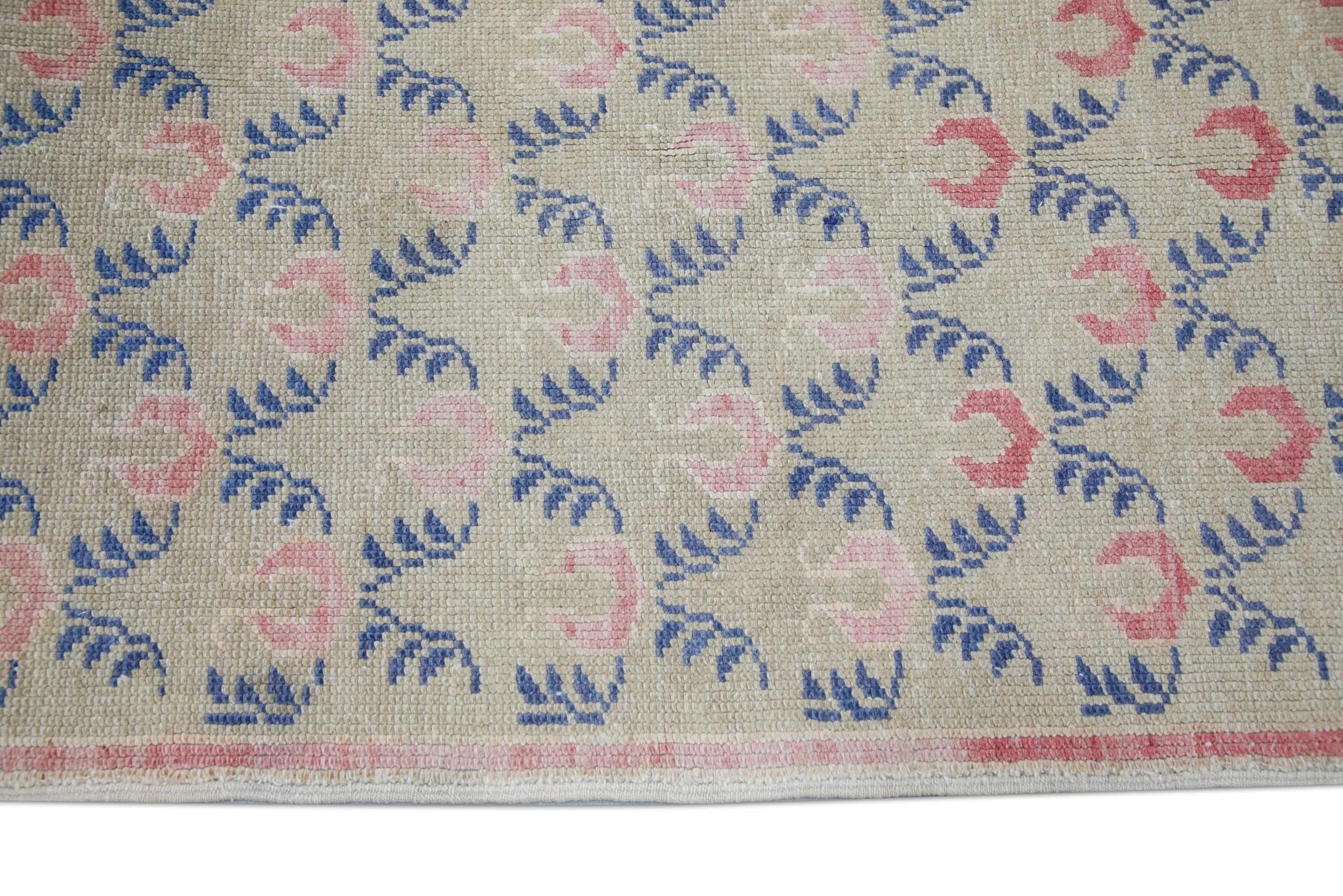 Contemporary Blue & Pink Handwoven Wool Vintage Turkish Oushak Rug 3'2