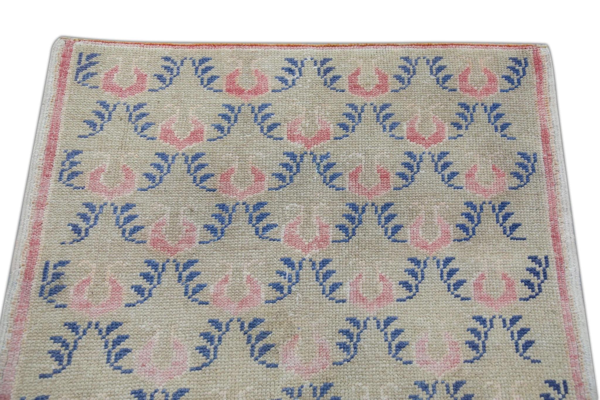 Alfombra Oushak Turca Vintage Tejida a Mano en Lana Azul y Rosa 3'2