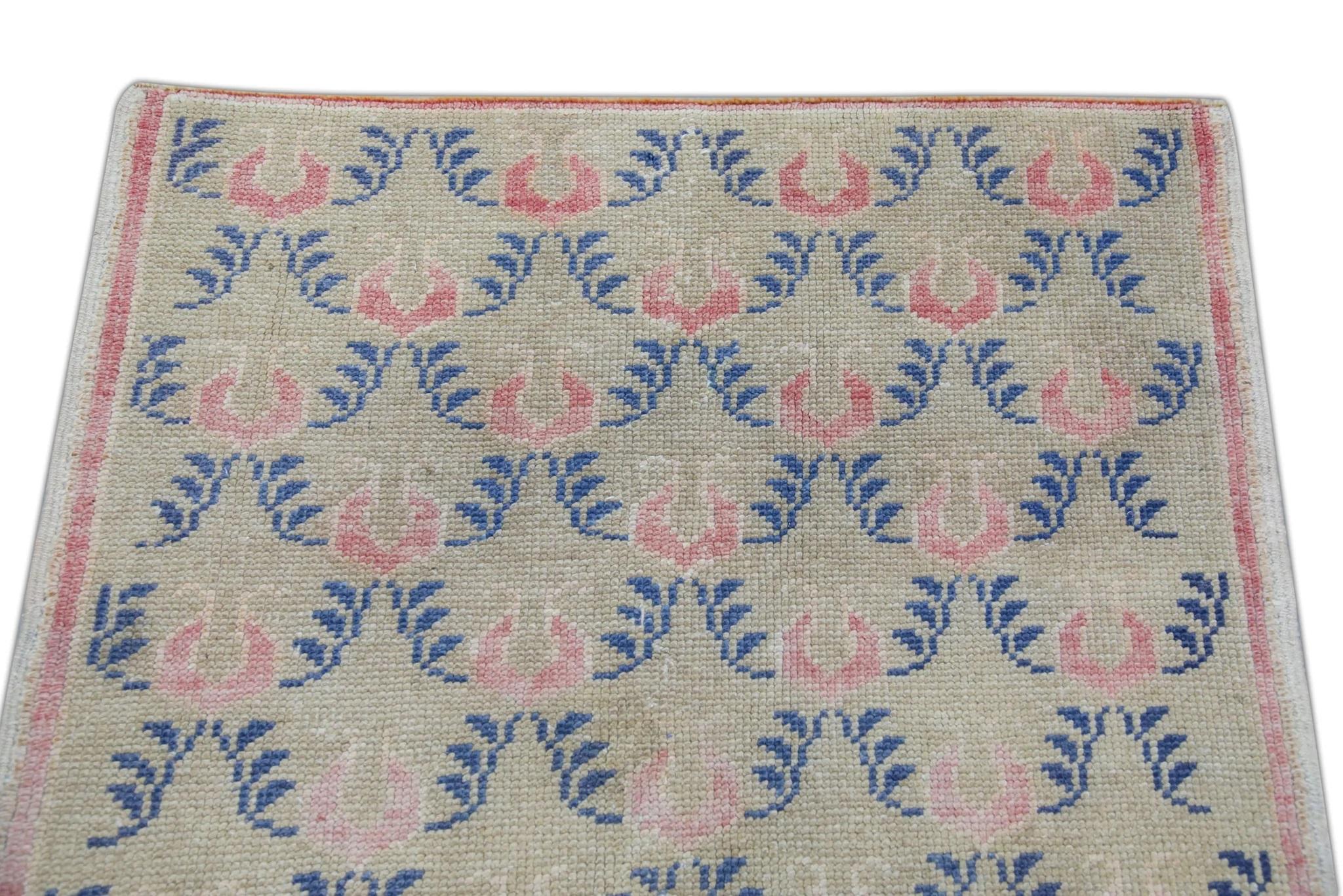 Blue & Pink Handwoven Wool Vintage Turkish Oushak Rug 3'2