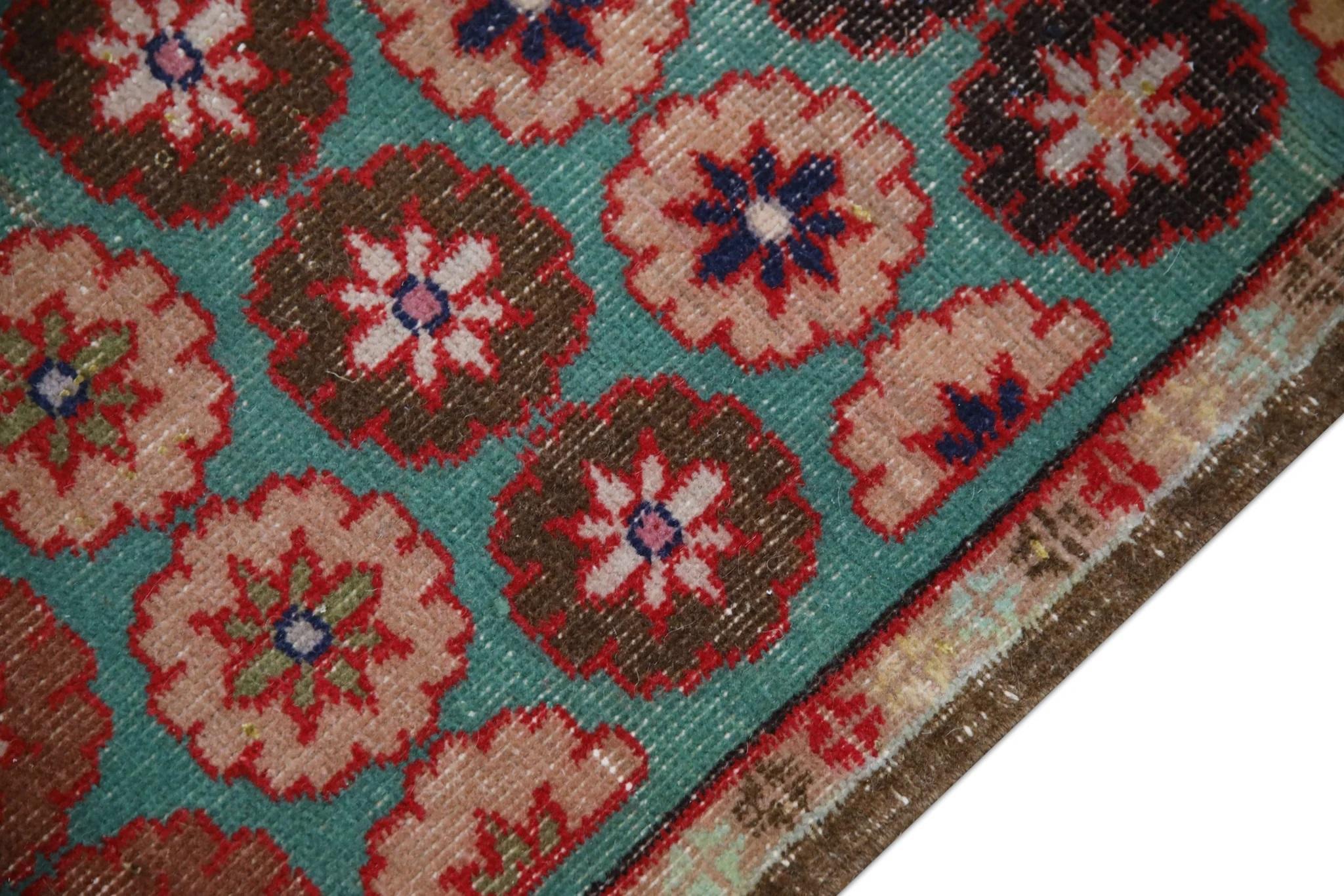 Blue & Pink Handwoven Wool Vintage Turkish Oushak Runner 3' x 9'5