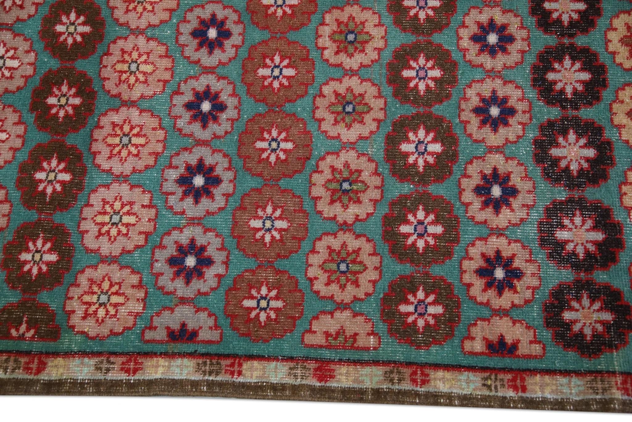 Contemporary Blue & Pink Handwoven Wool Vintage Turkish Oushak Runner 3' x 9'5