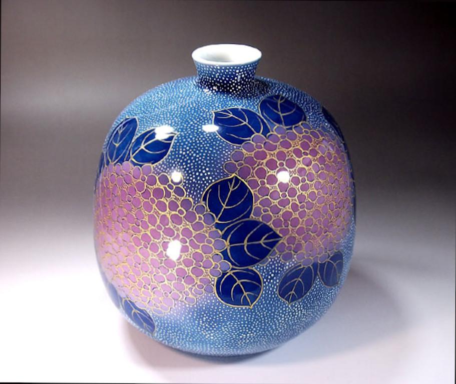 Meiji Japanese Contemporary Blue Purple Porcelain Vase by Master Artist, 4 For Sale