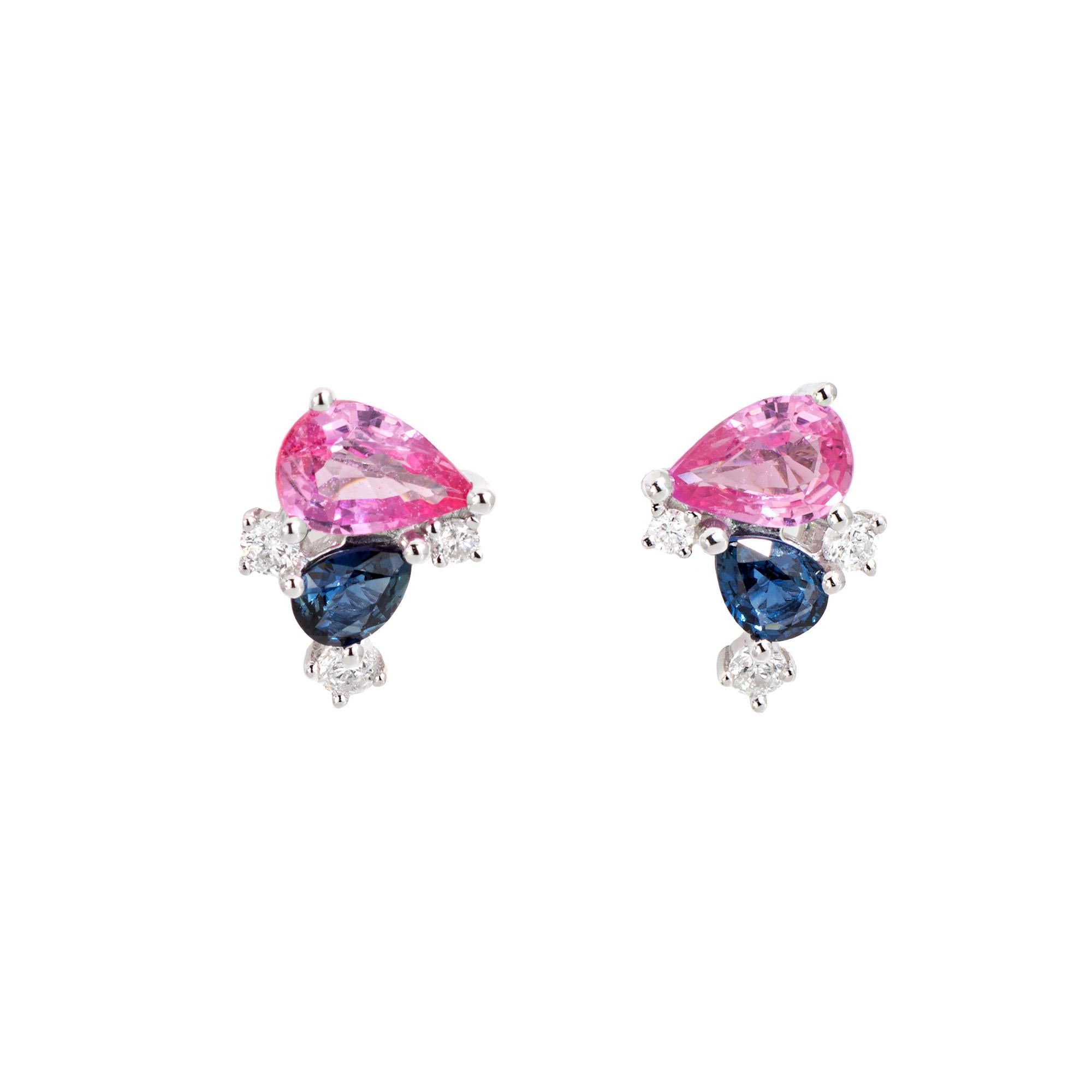 Taille poire Clous d'oreilles grappe de saphirs bleus et roses, succession de diamants et or blanc 14 carats en vente