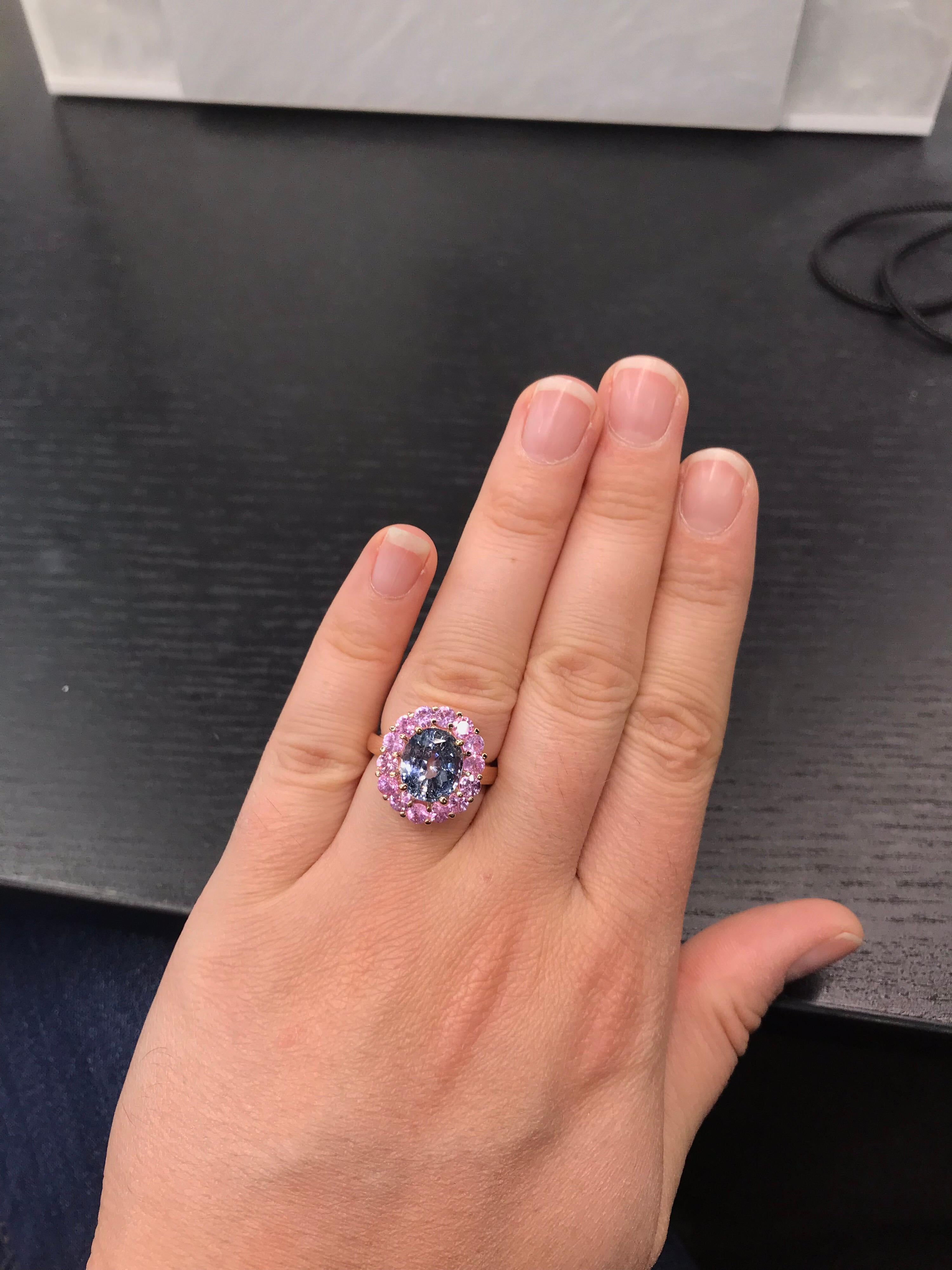 Women's Blue and Pink Sapphire Cocktail Cluster Ring 6.63 Carat 14 Karat Yellow Gold