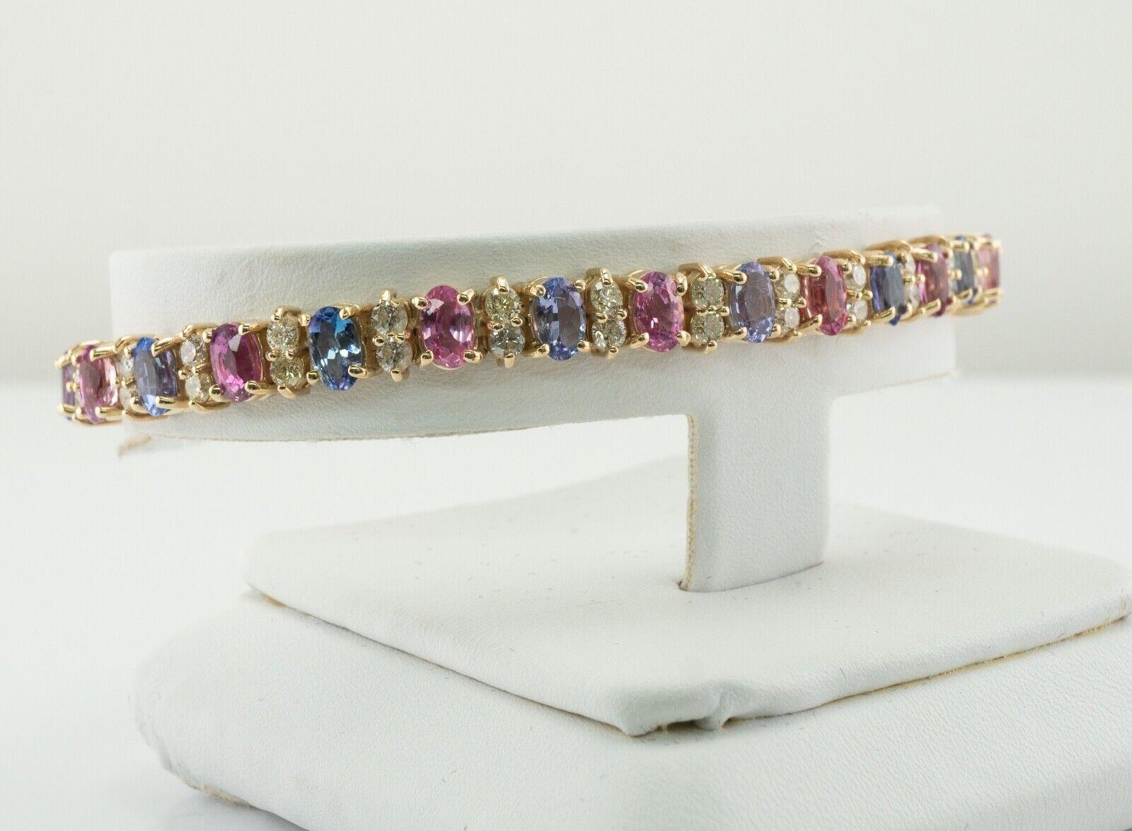 Oval Cut Blue Pink Sapphire Diamond Bracelet 14K Gold For Sale