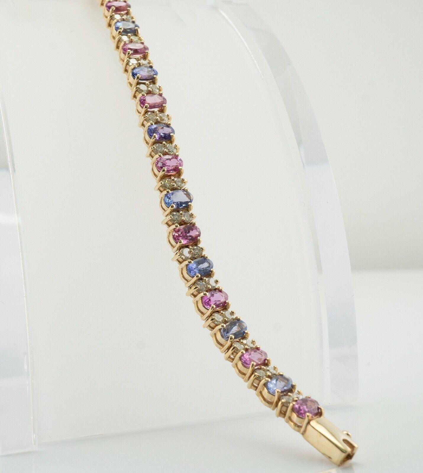 Natural Blue Pink Sapphire Diamond Bracelet 14K Gold In Good Condition For Sale In East Brunswick, NJ