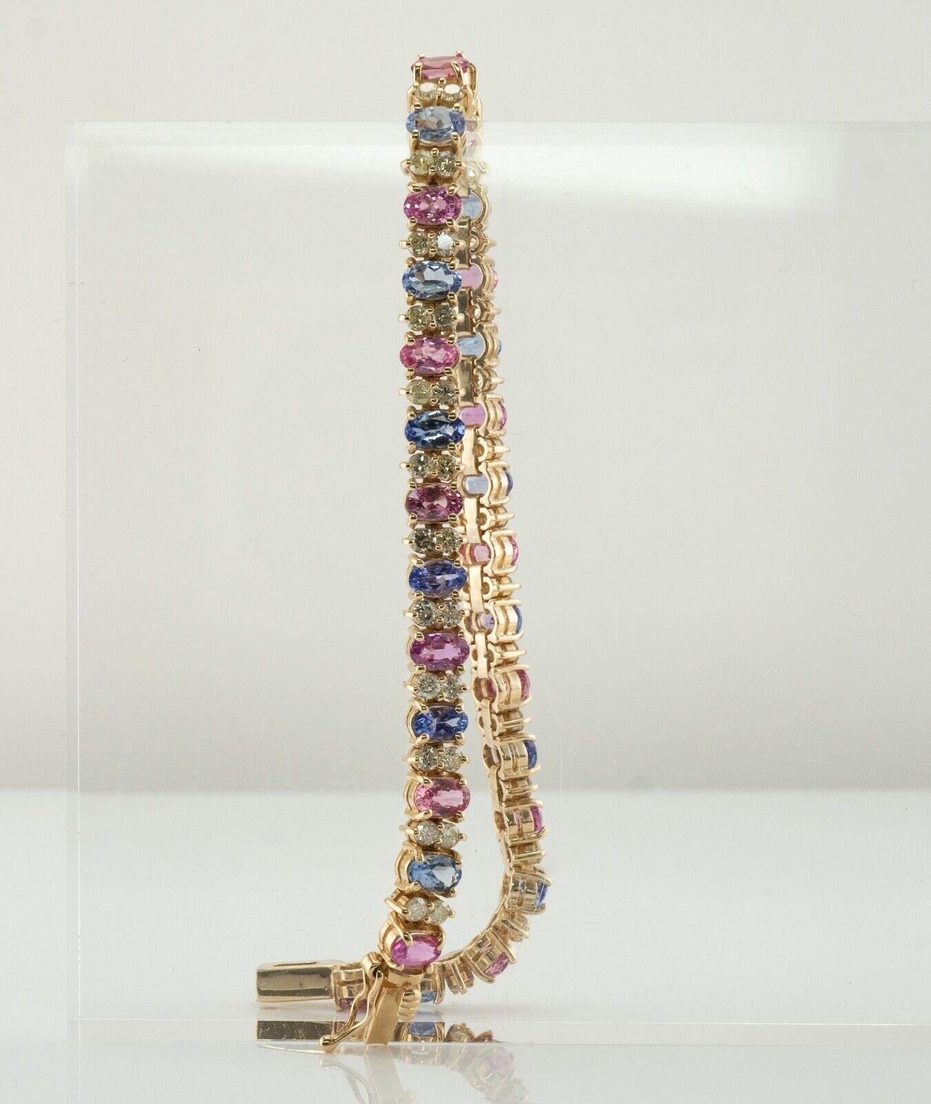 Natural Blue Pink Sapphire Diamond Bracelet 14K Gold For Sale 1