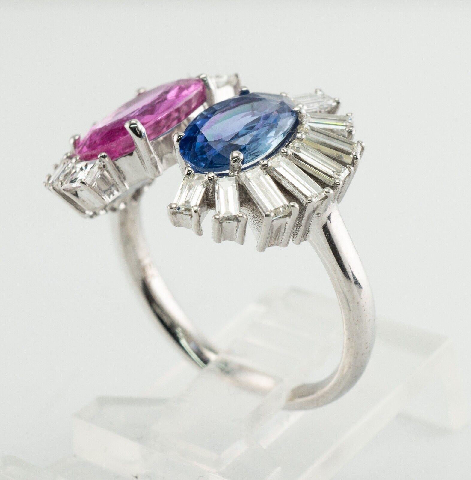 Blue Pink Sapphire Diamond Ring 18K White Gold Half Moon Setting For Sale 5