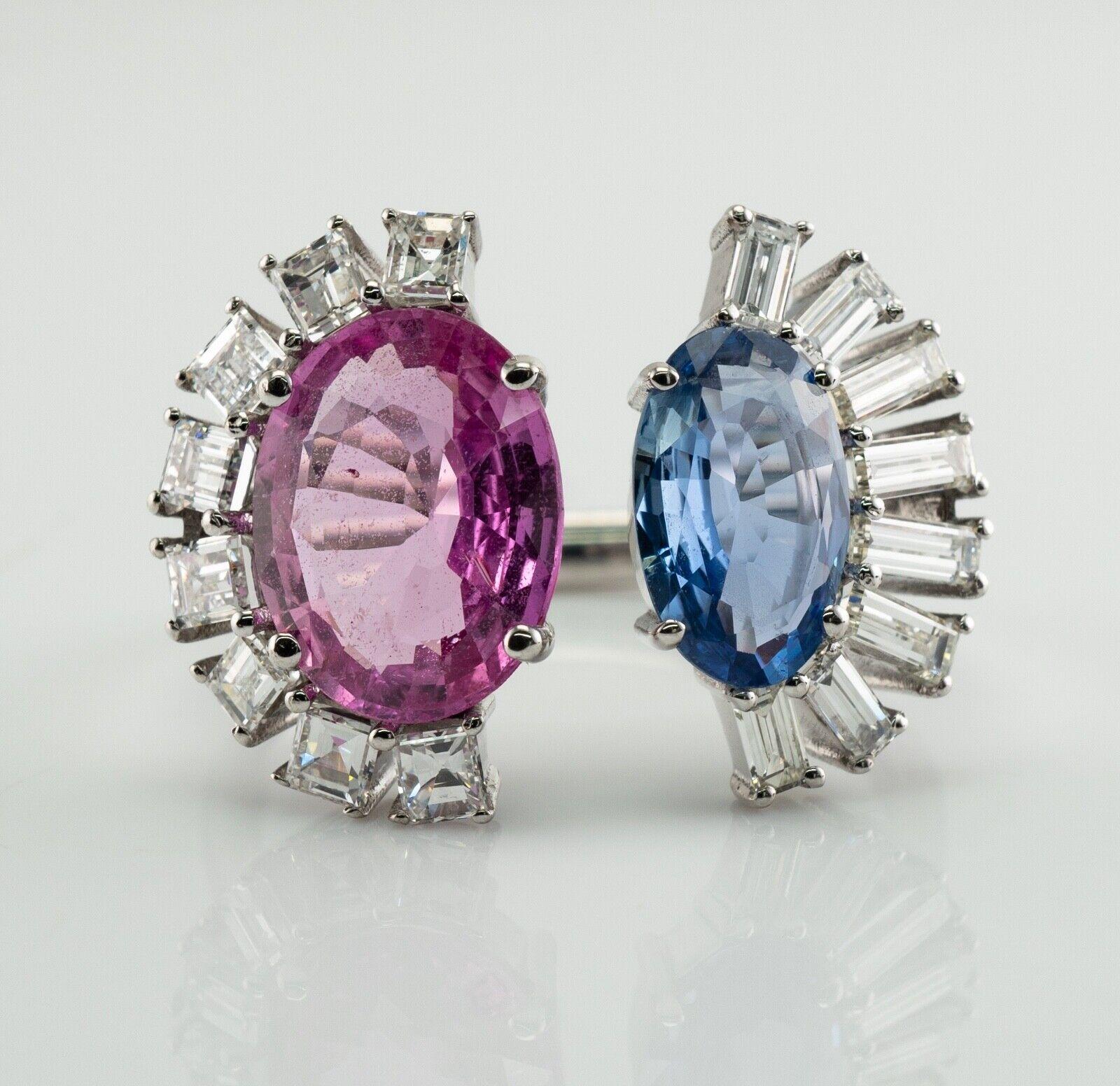 Taglio ovale Anello con diamante e zaffiro rosa blu in oro bianco 18 carati con incastonatura a mezza luna in vendita