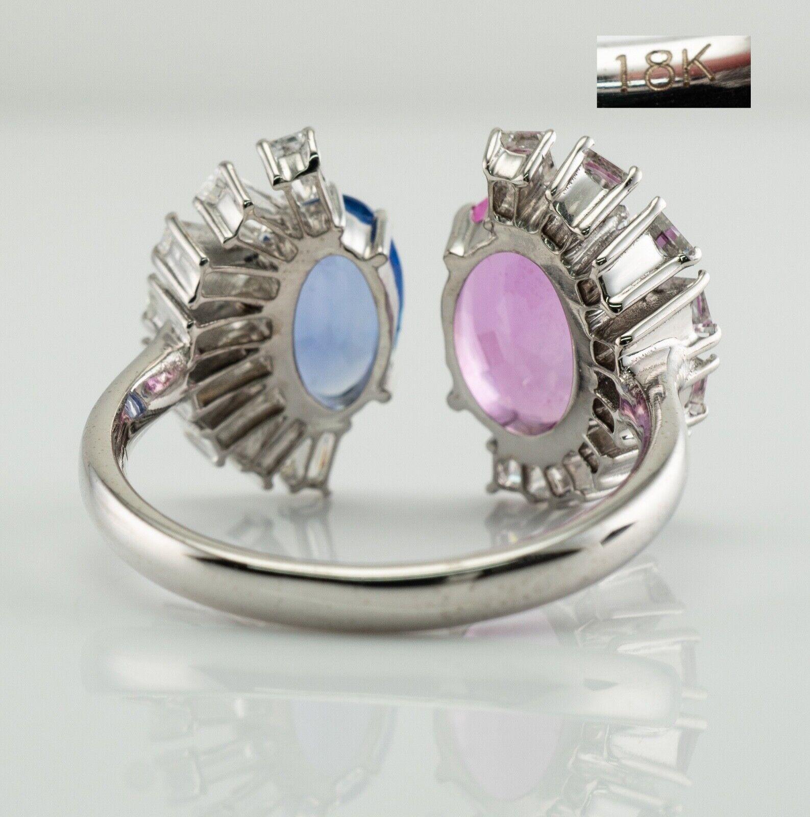 Women's Blue Pink Sapphire Diamond Ring 18K White Gold Half Moon Setting For Sale