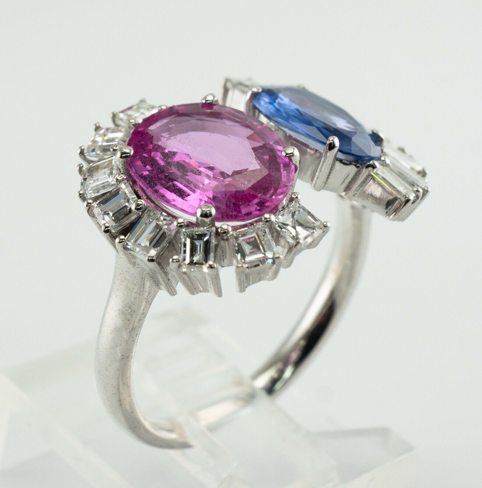 Halbmondfassung mit blauem, rosa Saphir und Diamantring aus 18 Karat Weißgold im Angebot 3