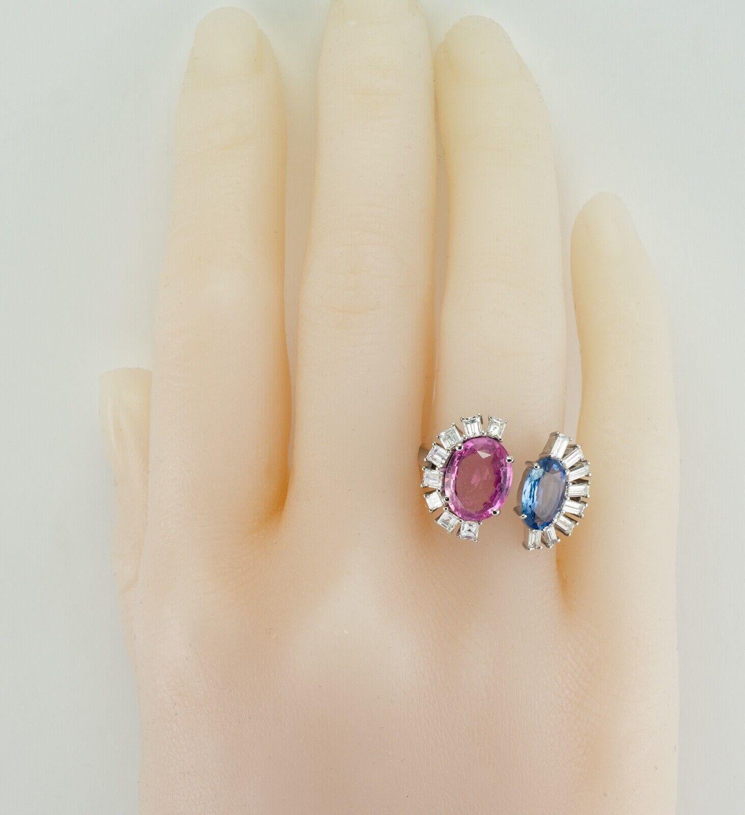 Blue Pink Sapphire Diamond Ring 18K White Gold Half Moon Setting For Sale 4