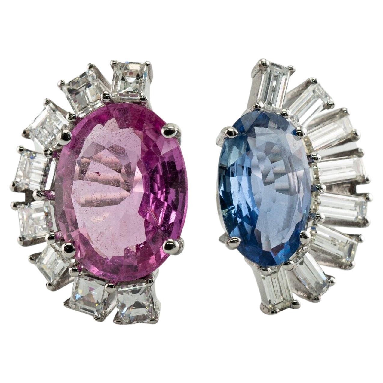 Blue Pink Sapphire Diamond Ring 18K White Gold Half Moon Setting For Sale